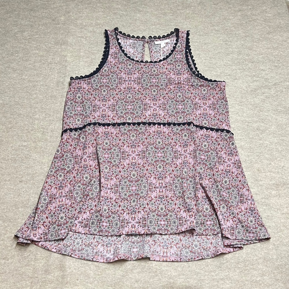 LC Lauren Conrad Women Pink Floral Sleeveless Crochet Trim Tank Top Large NWT